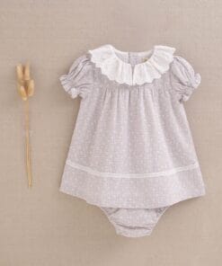 VESTIDO BEBE DADATI FLORES GRISES CUELLO BLANCO