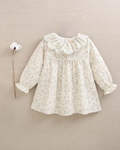 vestido bebe niña crudo con estampado floral verde